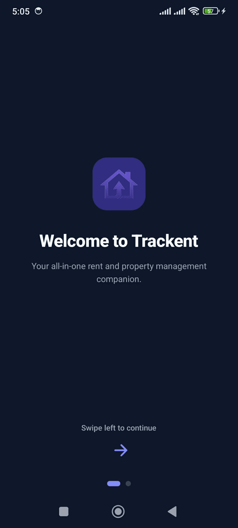 Trackent welcome screen on mobile showing app branding and get started button
