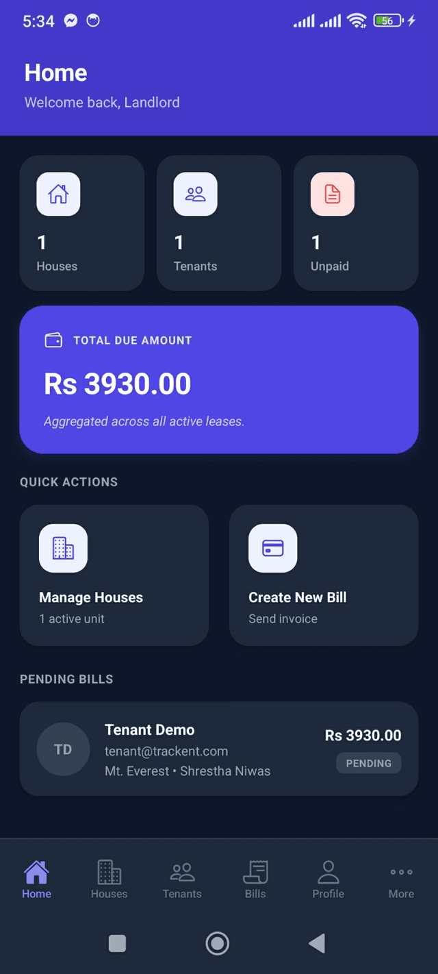 Trackent landlord dashboard showing due amounts and recent bills