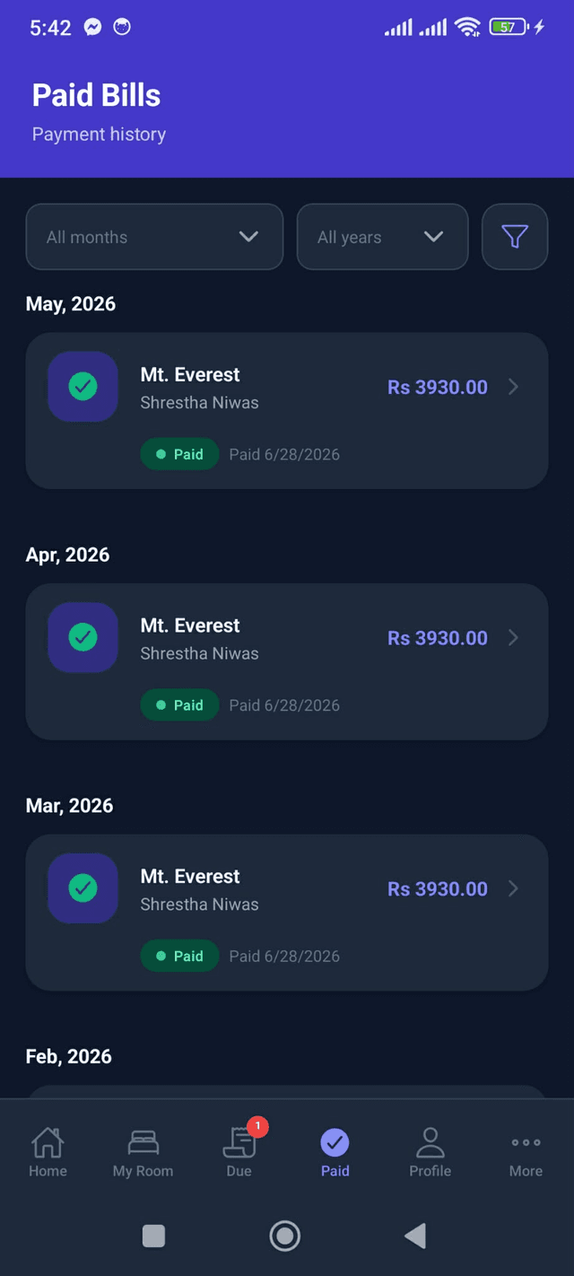Trackent tenant payment history screen