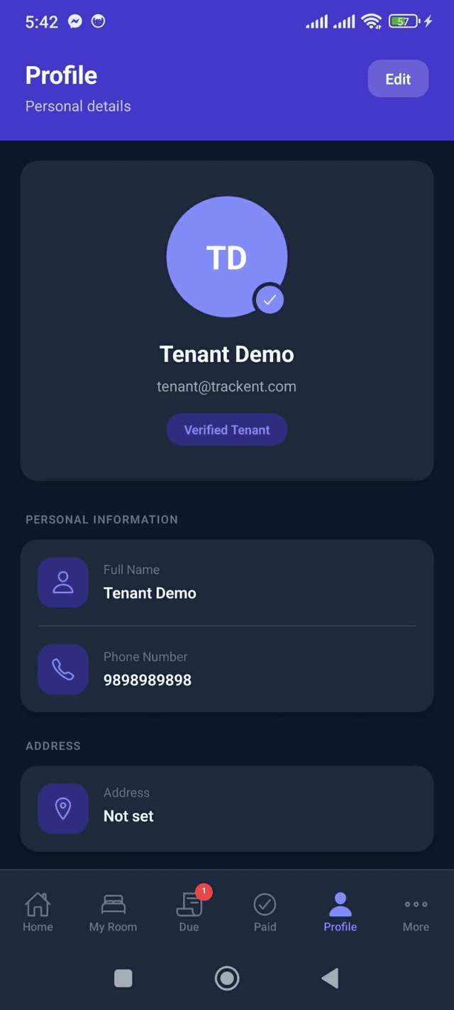 Trackent tenant profile screen
